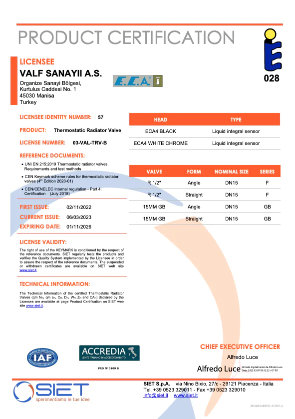 Keymark (Siet) - Trv4 Siyah , Beyaz Krom Belgesi