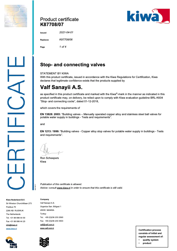 Durdurma ve Bağlantı Vanası Gömme Rezervuar Ara Musluk KIWA Belgesi K87708 06