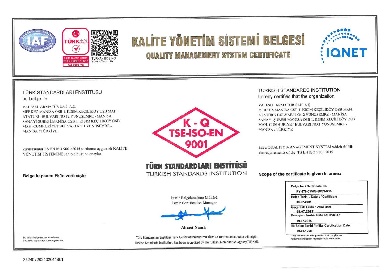 TS EN ISO 9001:2015 Kalite Yönetim Sistemi Belgesi