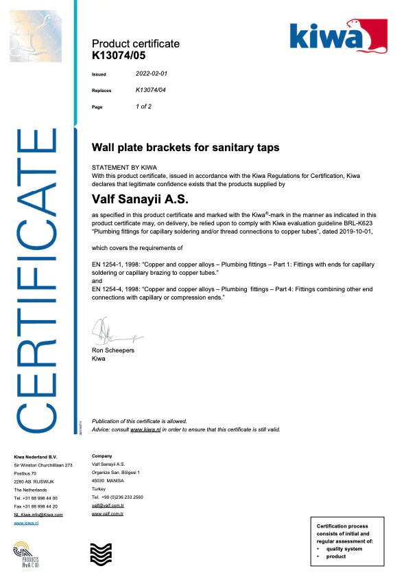 Sıhhi Tesisat Armatürleri için Duvar Plakası Bağlantı Parçaları - Kiwa K13074