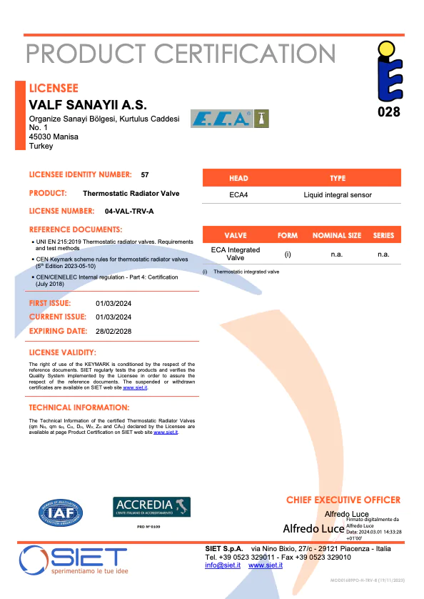 TRV CEN Keymark Siet Belgesi-TRV4 ve Kompakt Valf
