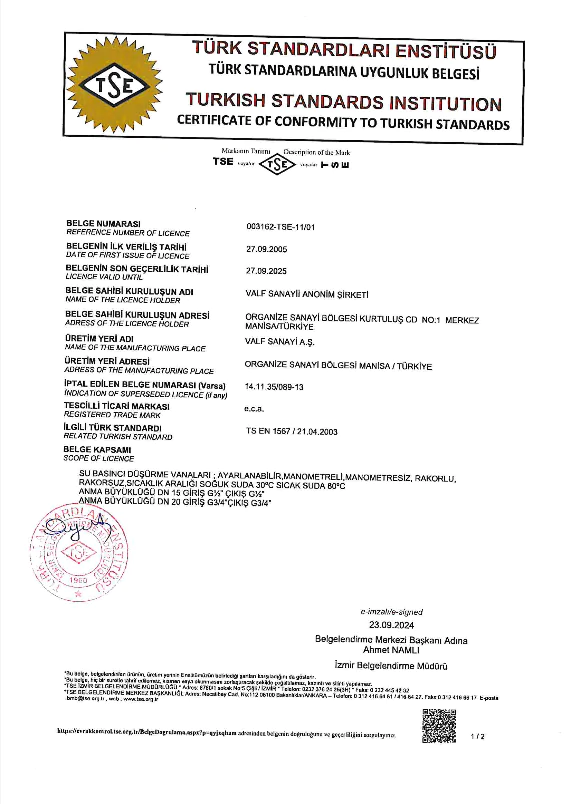 TS EN 1567 Basınç Düşürücü Valfler