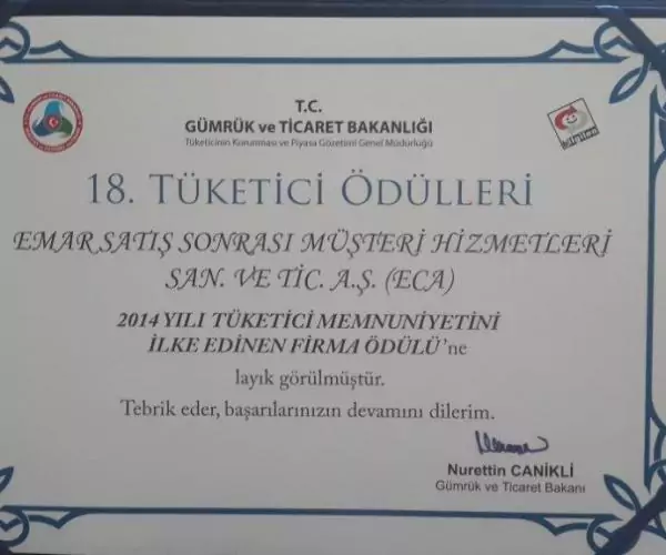 ECA – Emar A.Ş Tüketici Memnuniyetini İlke Edinen Firma Ödülünü Kazandı.