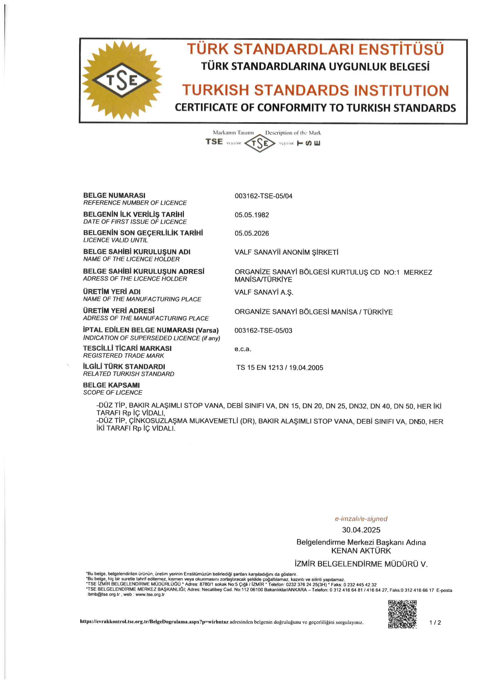 TS 15 EN 1213 Stop Valfler