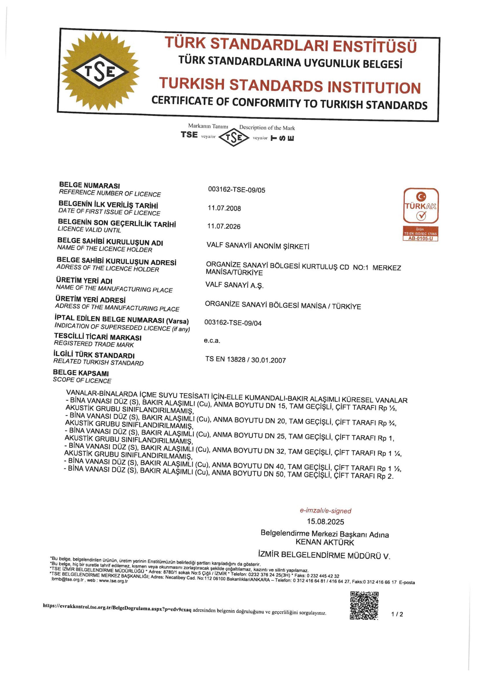 TS EN 13828 İçme Suyu Küresel Valfleri