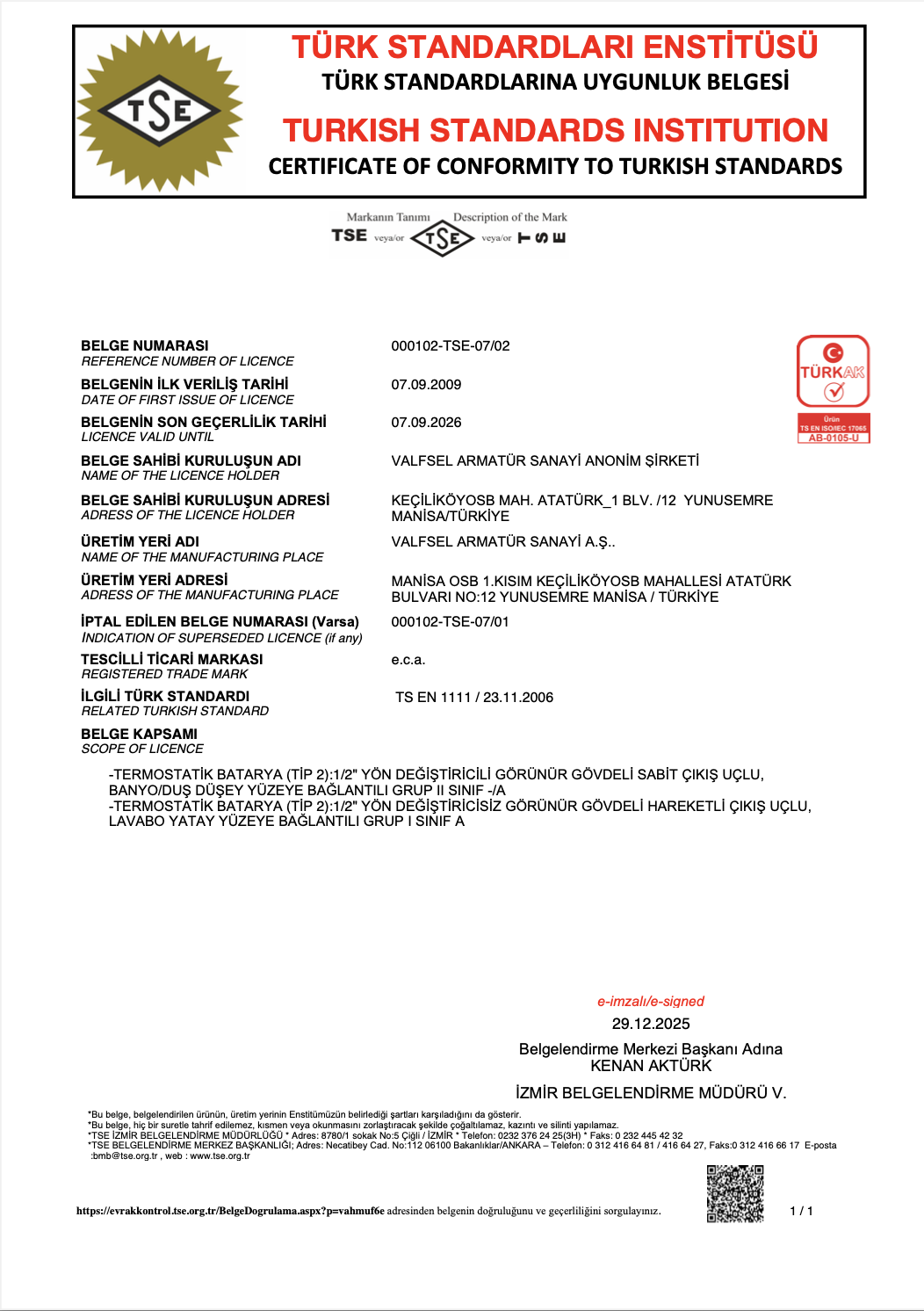 TS EN 1111 - Termostatik Bataryalar