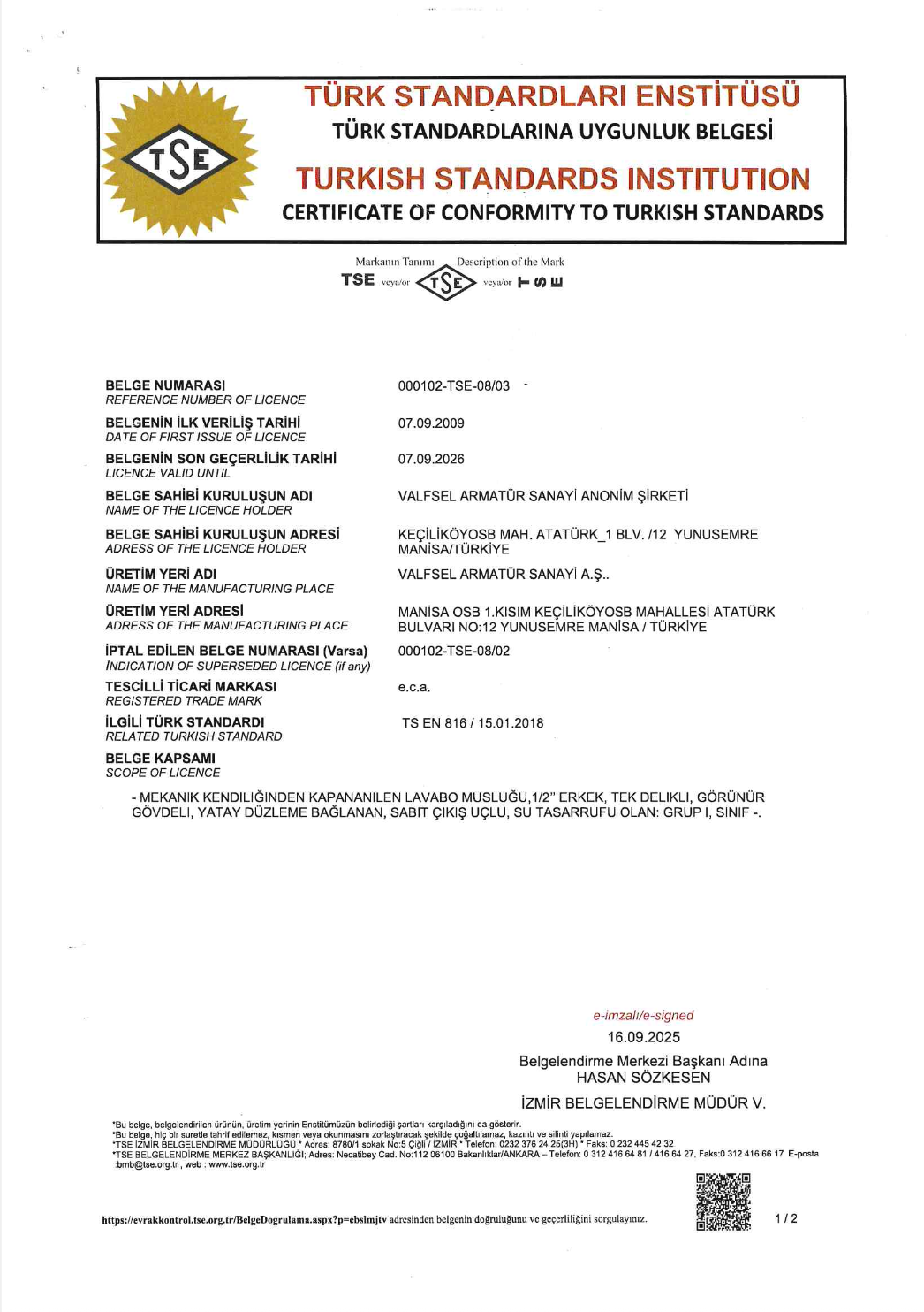 TS EN 816 - Zaman Ayarlı Bataryalar