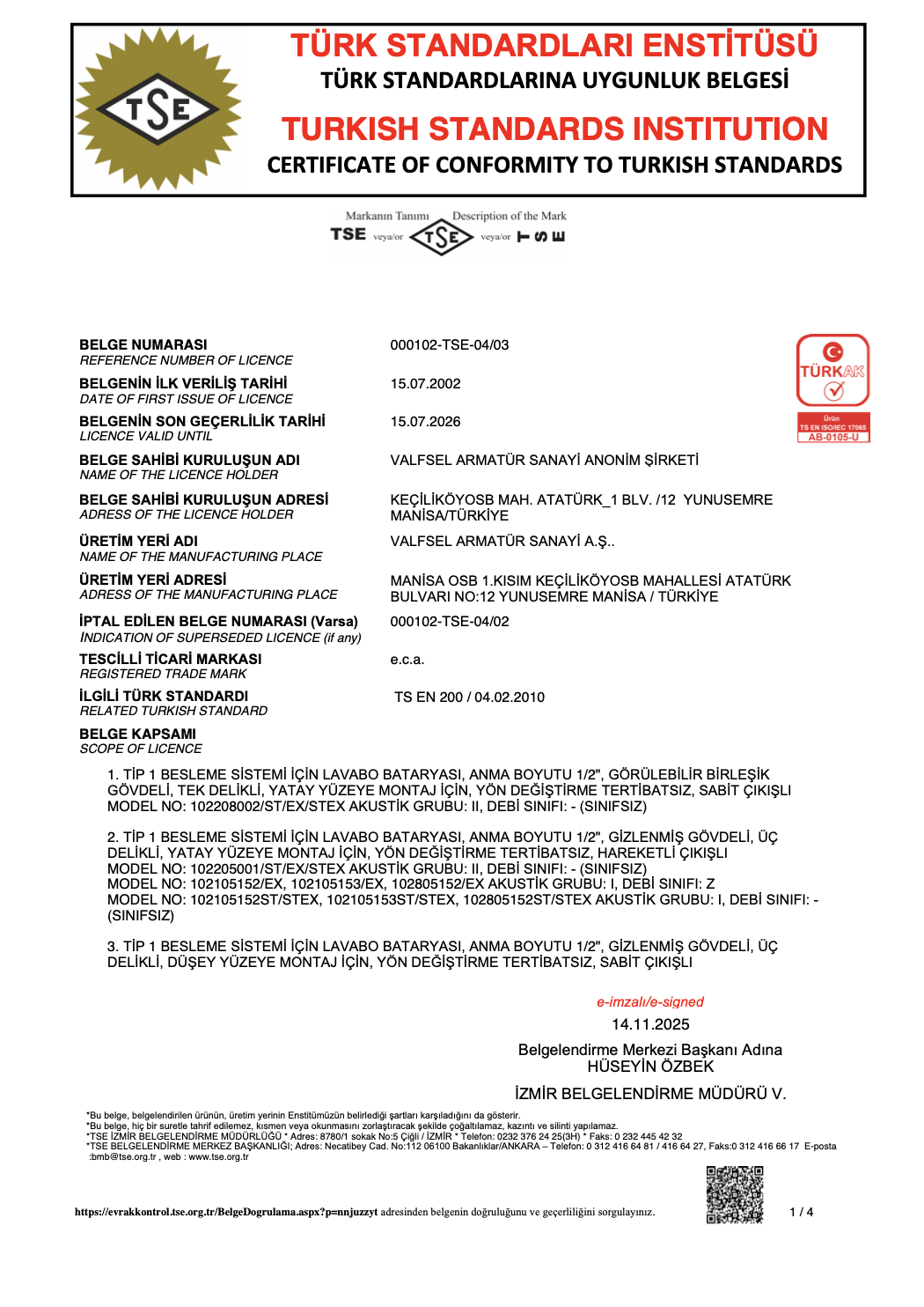 TS EN 200 - Çift Kumandalı Bataryalar ve Musluklar