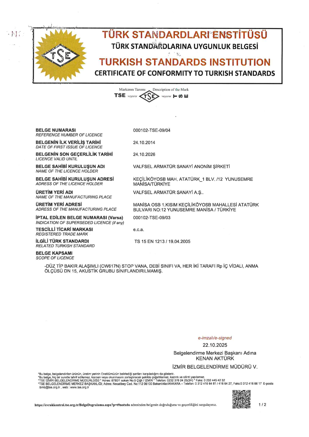 TS 15 EN 1213 - Ankastre Ara Kesme Valfleri