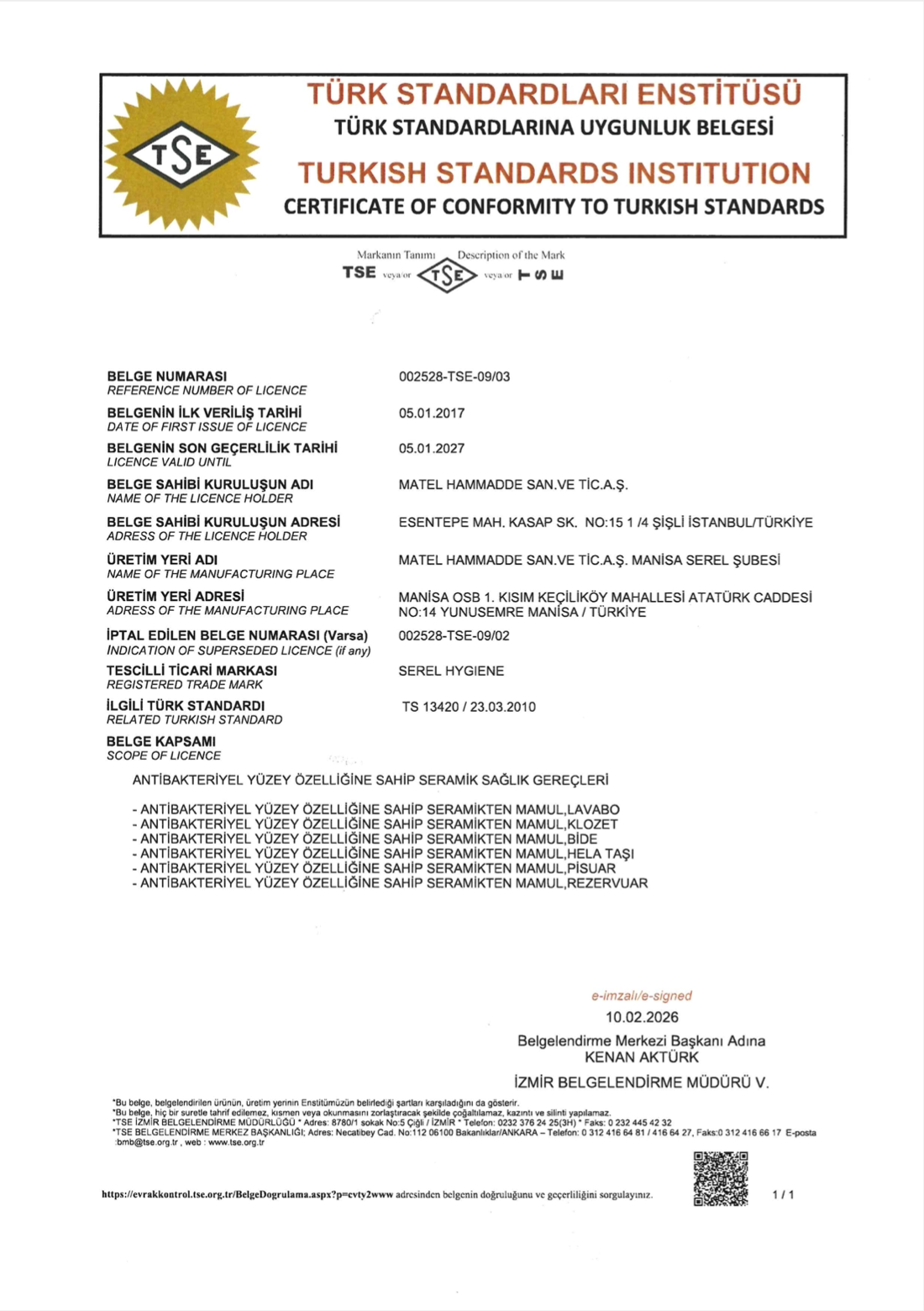 SEREL HİJYEN BELGESİ-TS 13420 2026