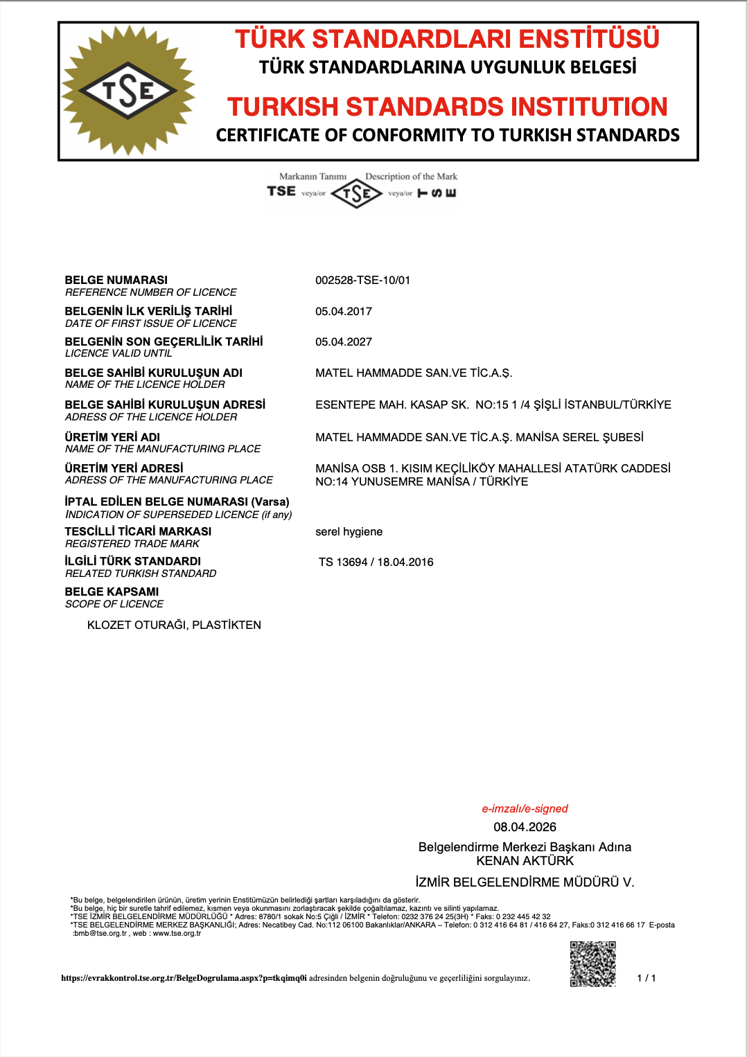 TSE 13694 KLOZET KAPAKLARI 04 2026