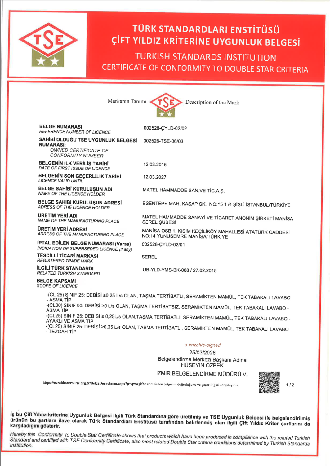 SEREL TSE ÇİFT YILDIZ LAVABOLAR 03 2026