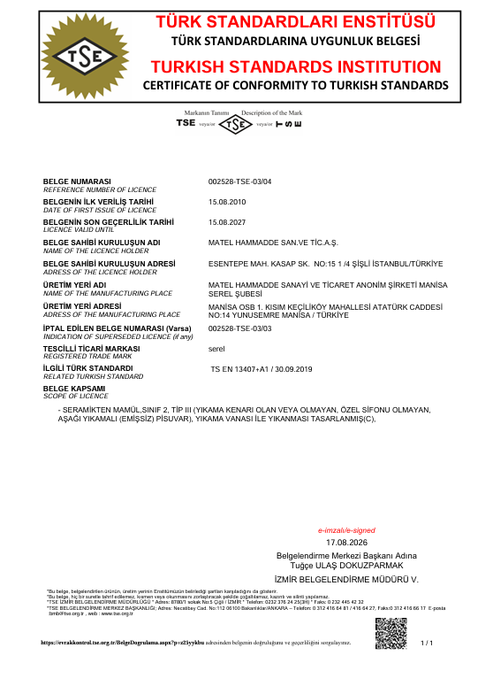 SEREL TSE 13407 PİSUAR 2027