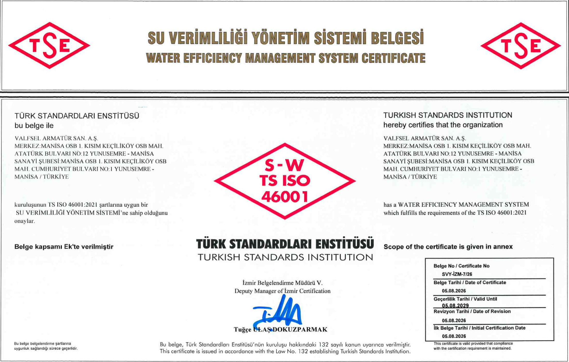 TS ISO 46001 Su Verimliliği Yönetim Sistemi Belgesi