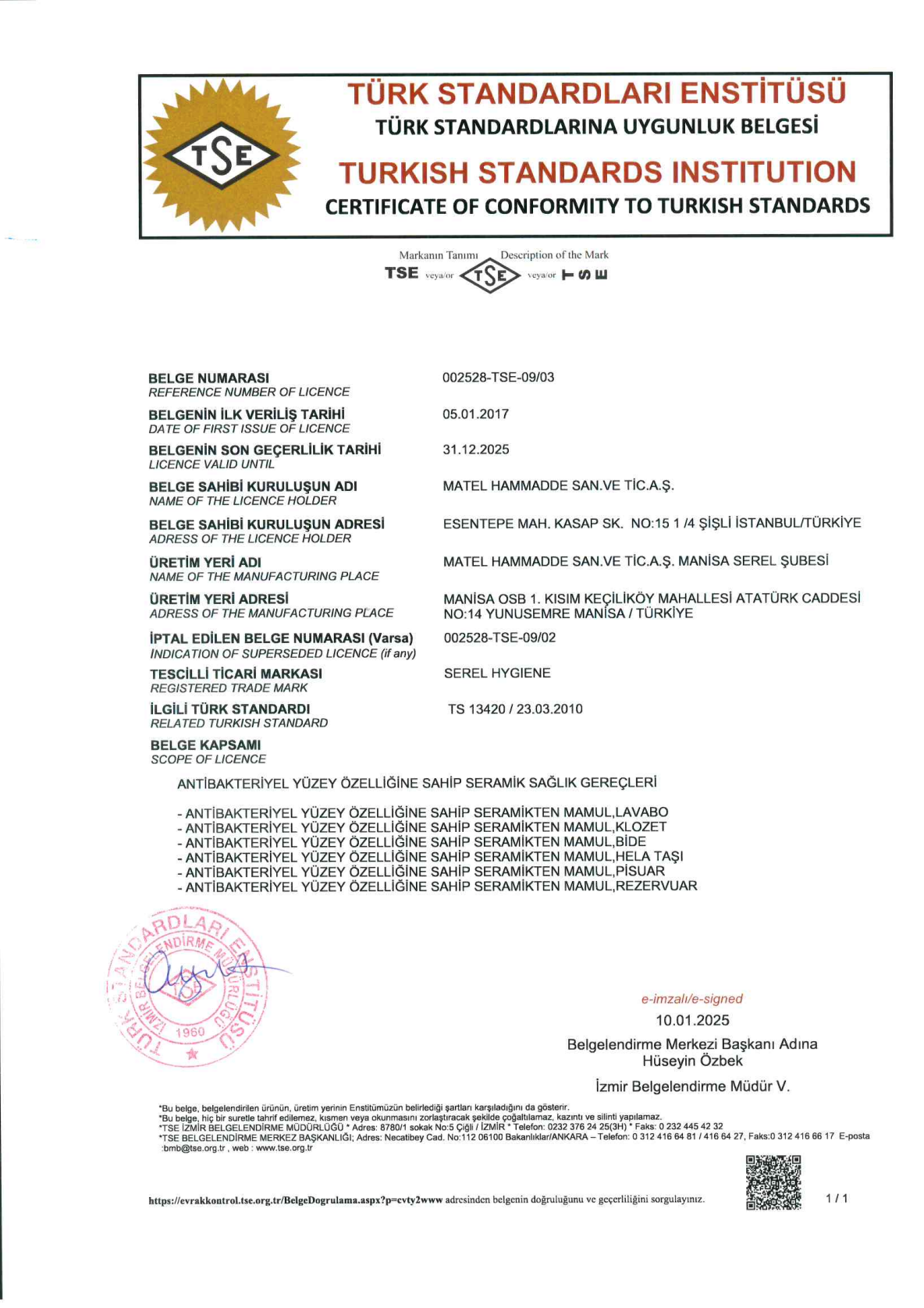 SEREL HİJYEN BELGESİ-TS 13420 2026