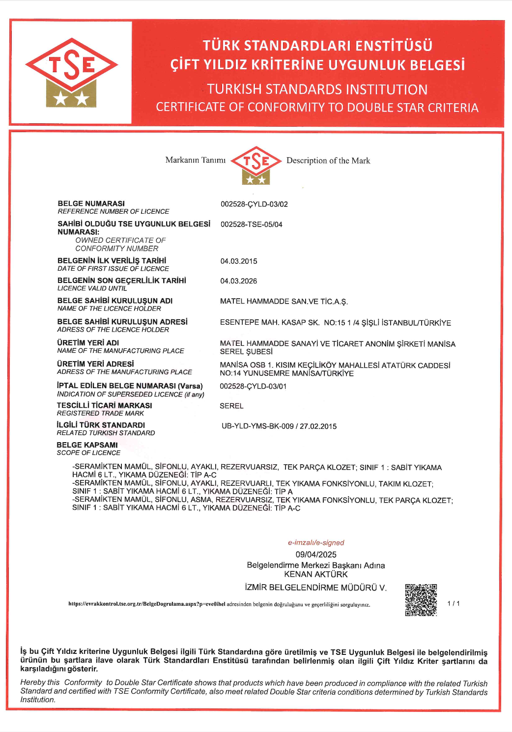 TSE ÇİFT YILDIZ KLOZETLER 03 2026