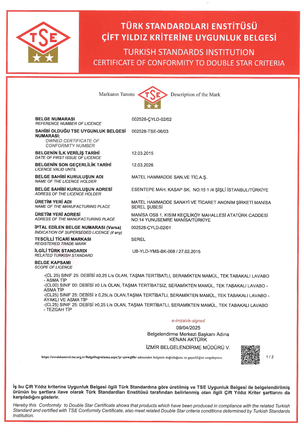 SEREL TSE ÇİFT YILDIZ LAVABOLAR 03 2026