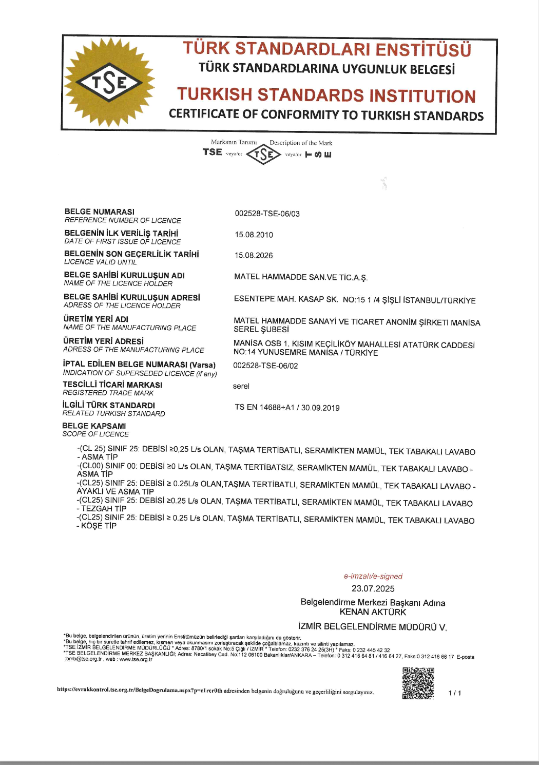 SEREL TSE EN 14688 LAVABO 2026