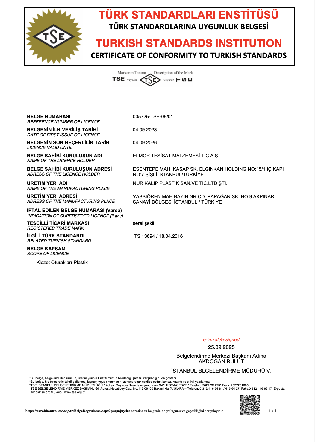 SEREL PLASTİK KAPAK TSE BELGESİ 2026