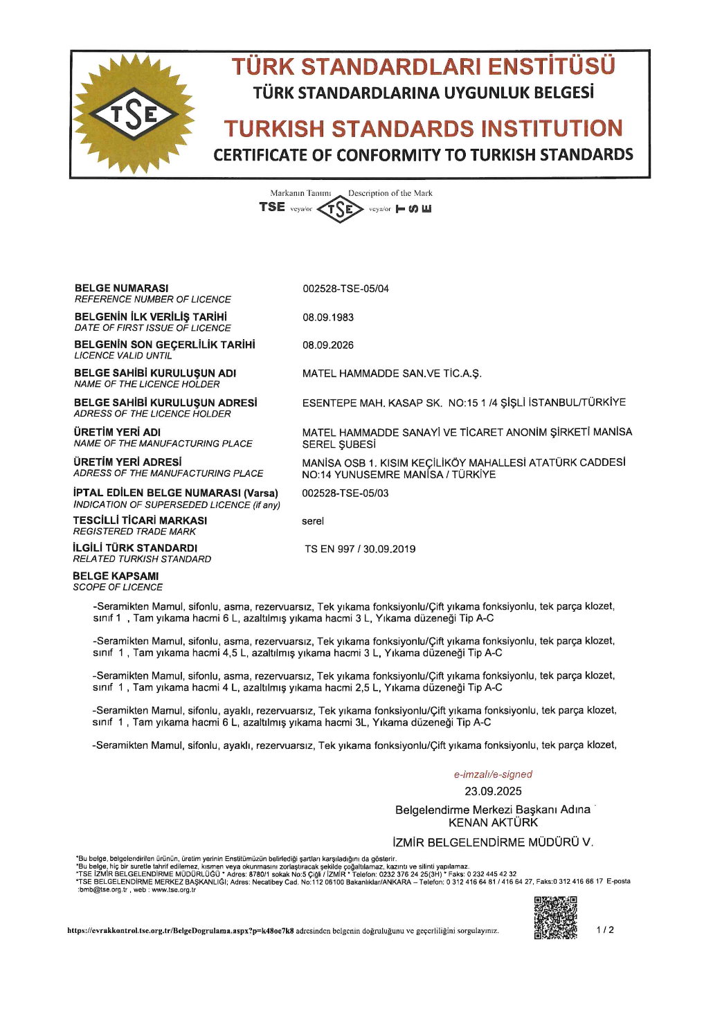 SEREL TS EN 997 KLOZET 2026