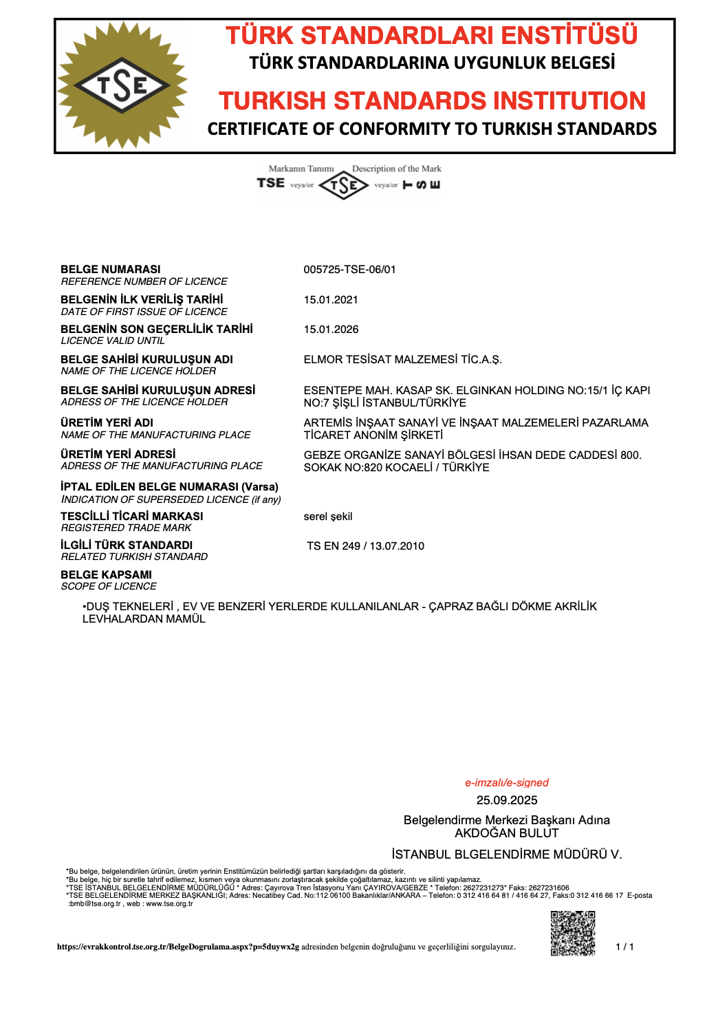 SEREL AKRİLİK TSE BELGESİ 2026