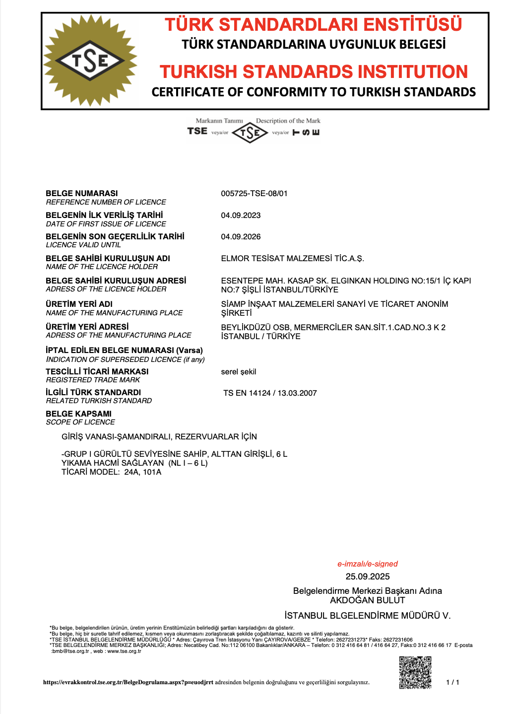 SEREL İÇ TAKIM TSE BELGESİ 2026