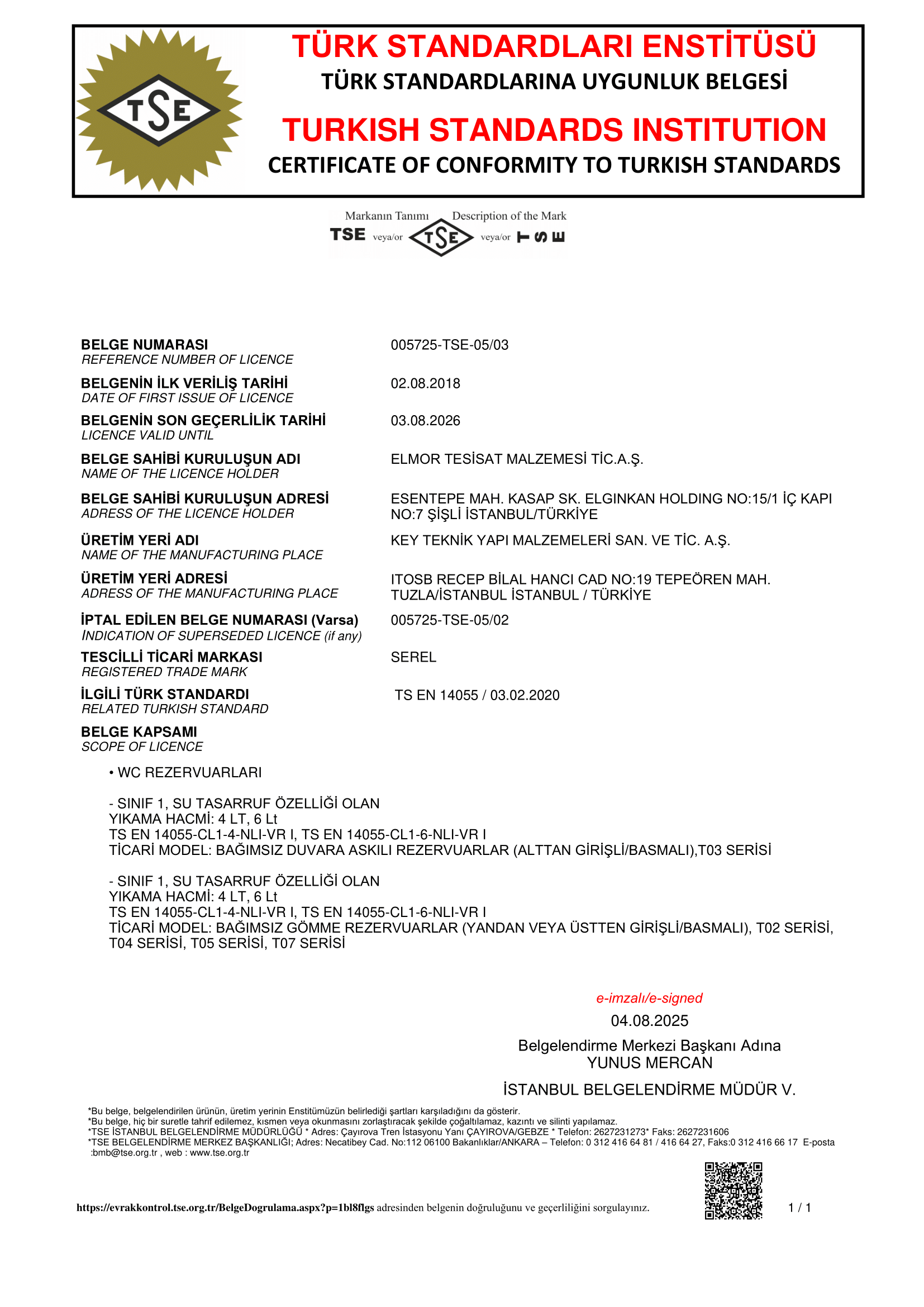 SEREL GÖMME REZERVUAR TS EN 14055 2026