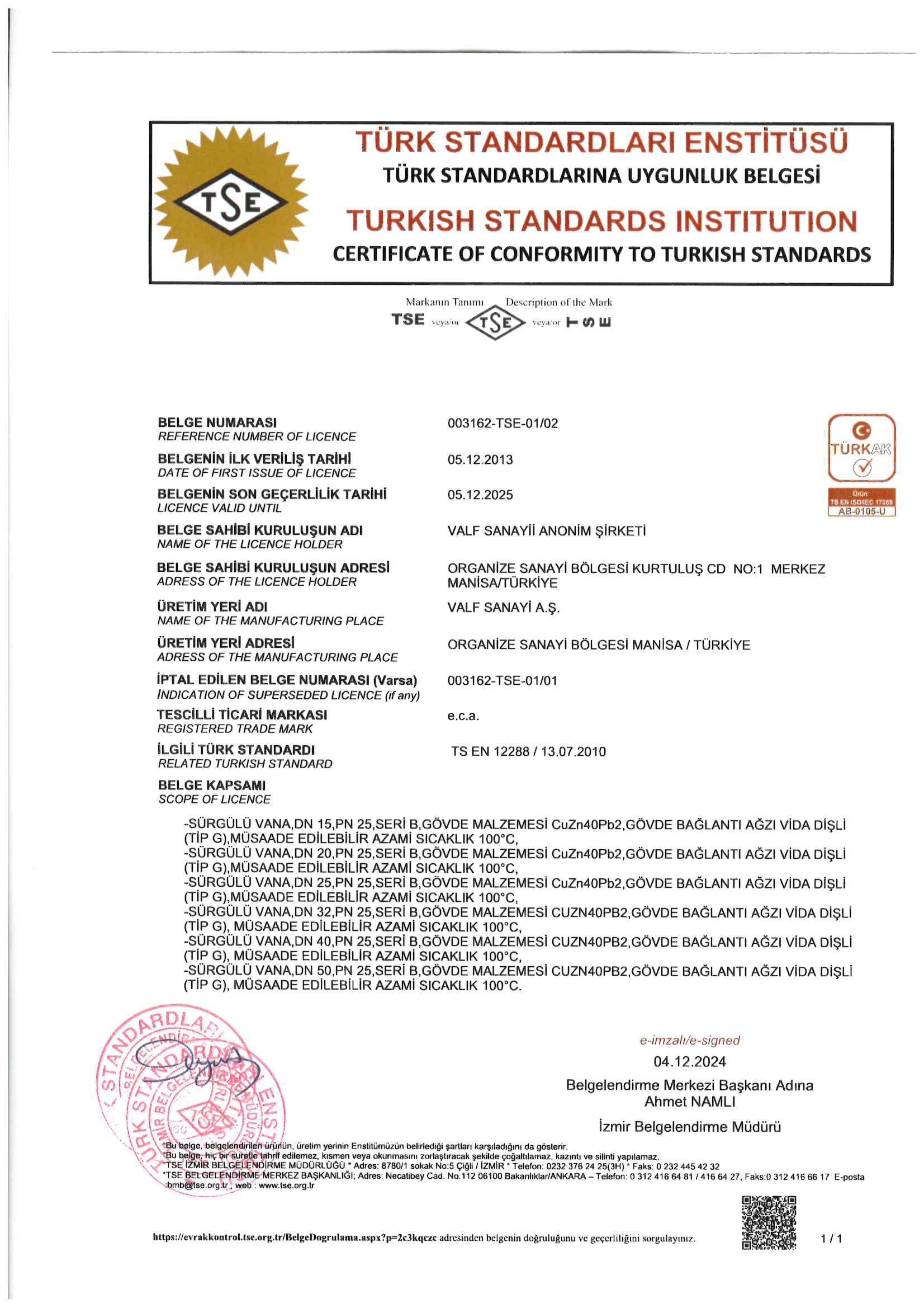 TS EN 12288 Şiber Vanalar