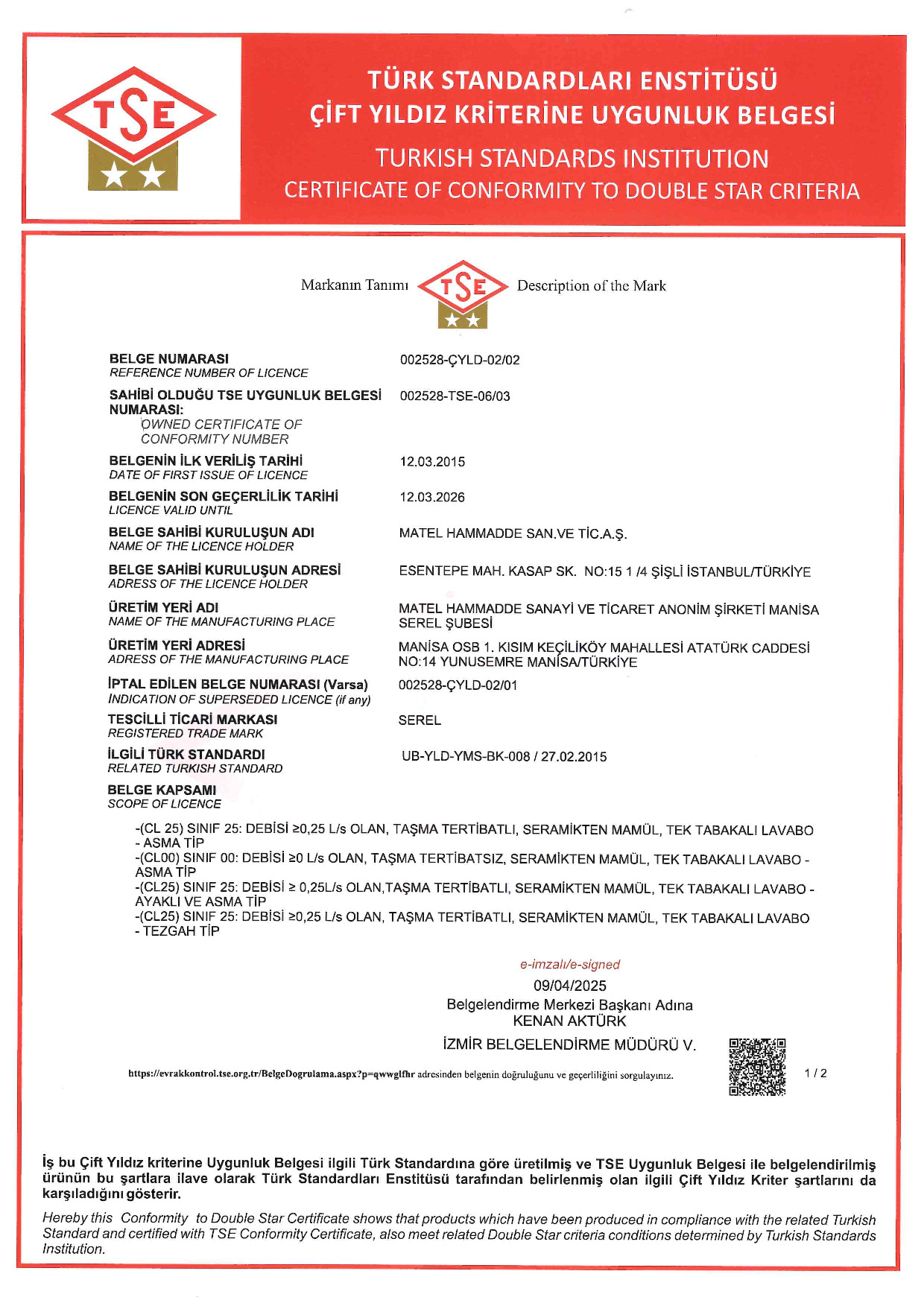 SEREL TSE ÇİFT YILDIZ LAVABOLAR 03 2026