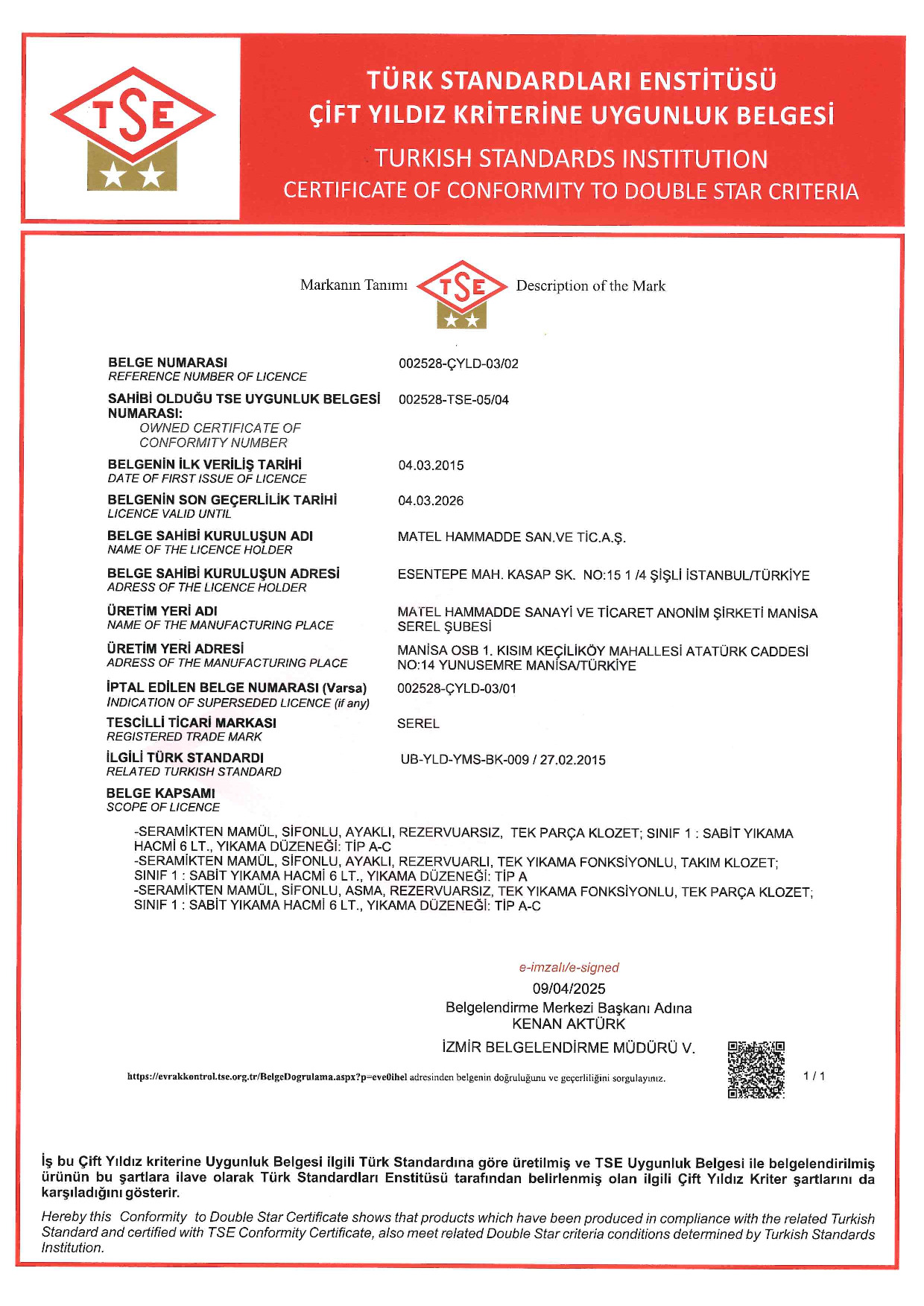 TSE ÇİFT YILDIZ KLOZETLER 03 2026