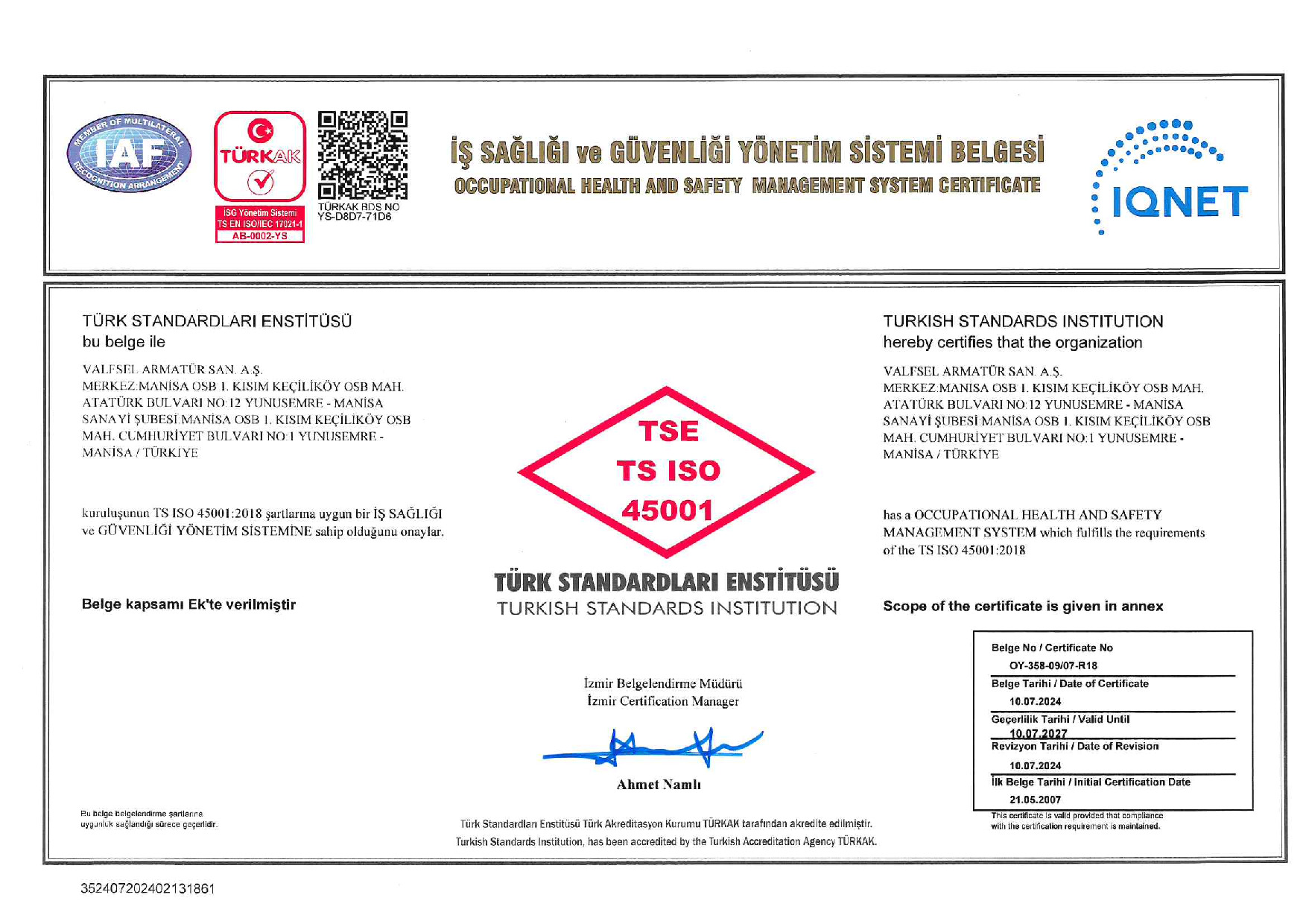 TS ISO 45001:2018 İş Sağlığı ve Güvenliği Yönetim Sistemi Belgesi