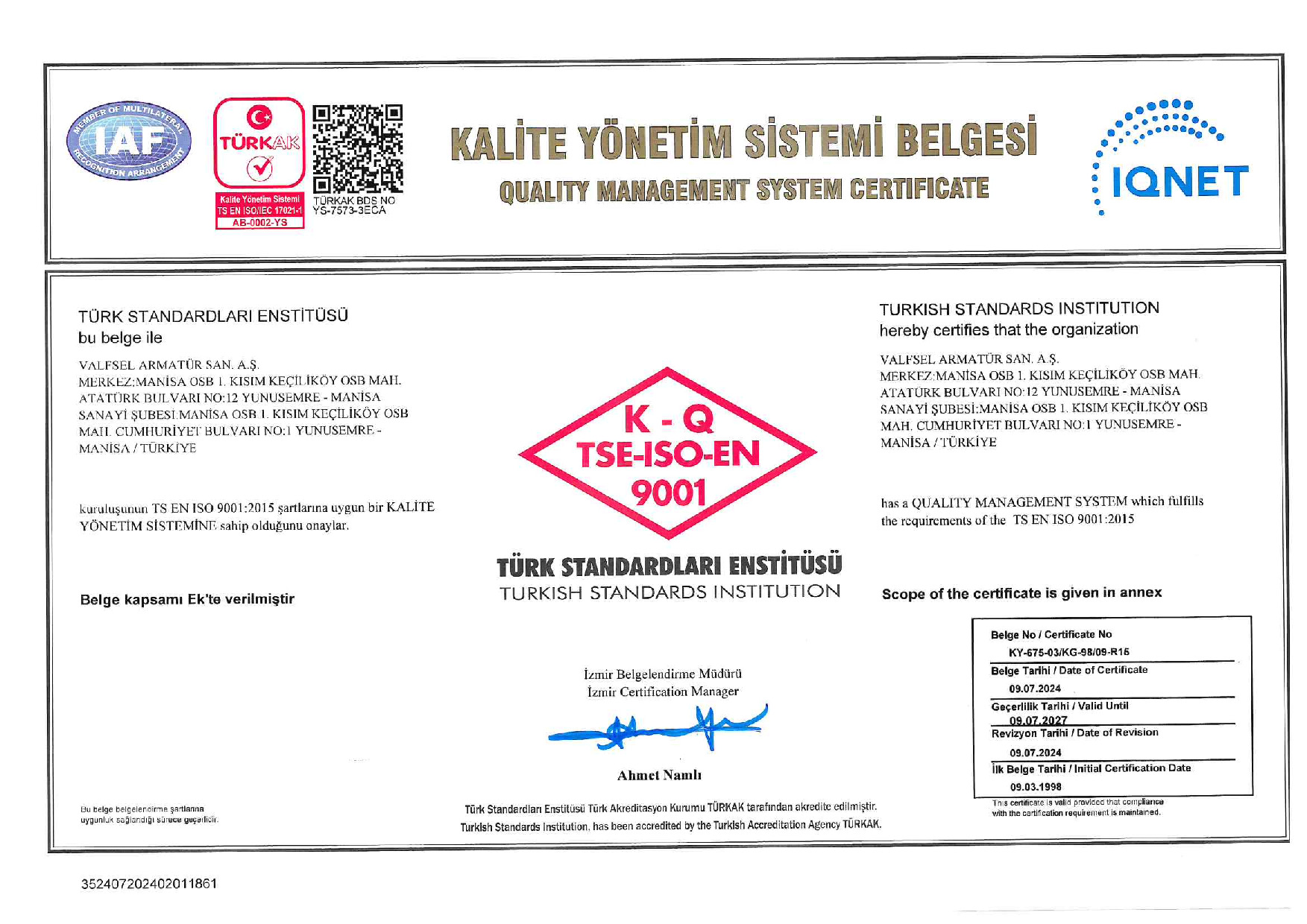 TS EN ISO 9001:2015 Kalite Yönetim Sistemi Belgesi